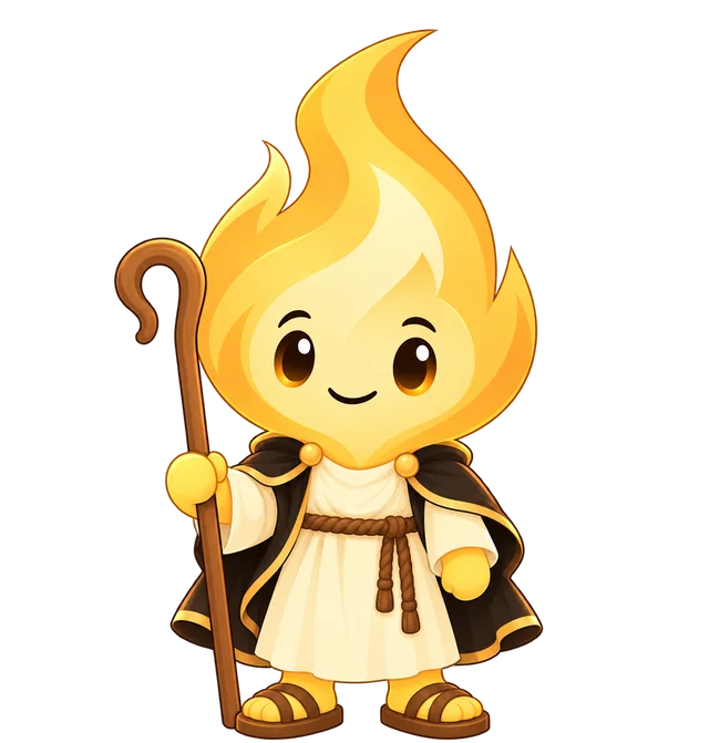 Flamonk, a small glowing flame dressed as a monk, with a shepherd’s staff and a gold cross