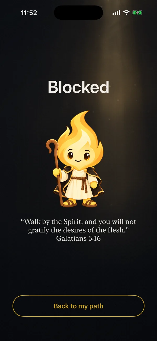 Flamonk ‘Blocked’ screen: the mascot, Galatians 5:16 and a button: Back to my path