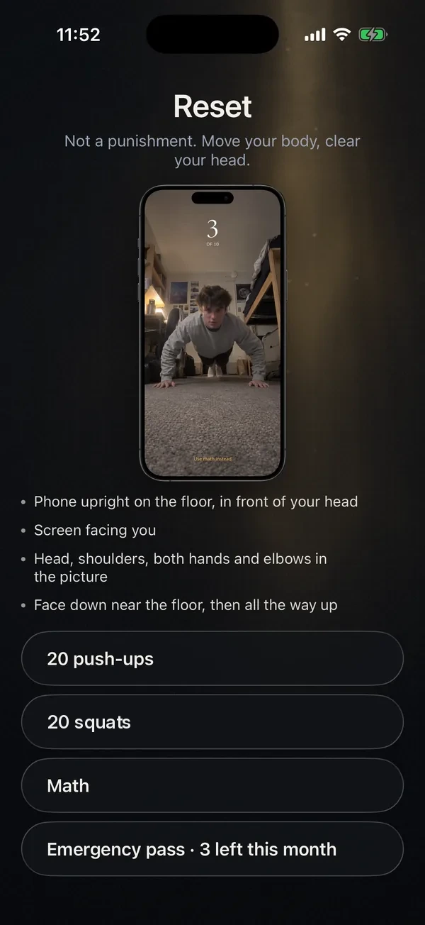 Flamonk ‘Reset’ screen: not a punishment, move your body, clear your head. A push-up counter, and the choices 20 push-ups, 20 squats, Math, or an emergency pass